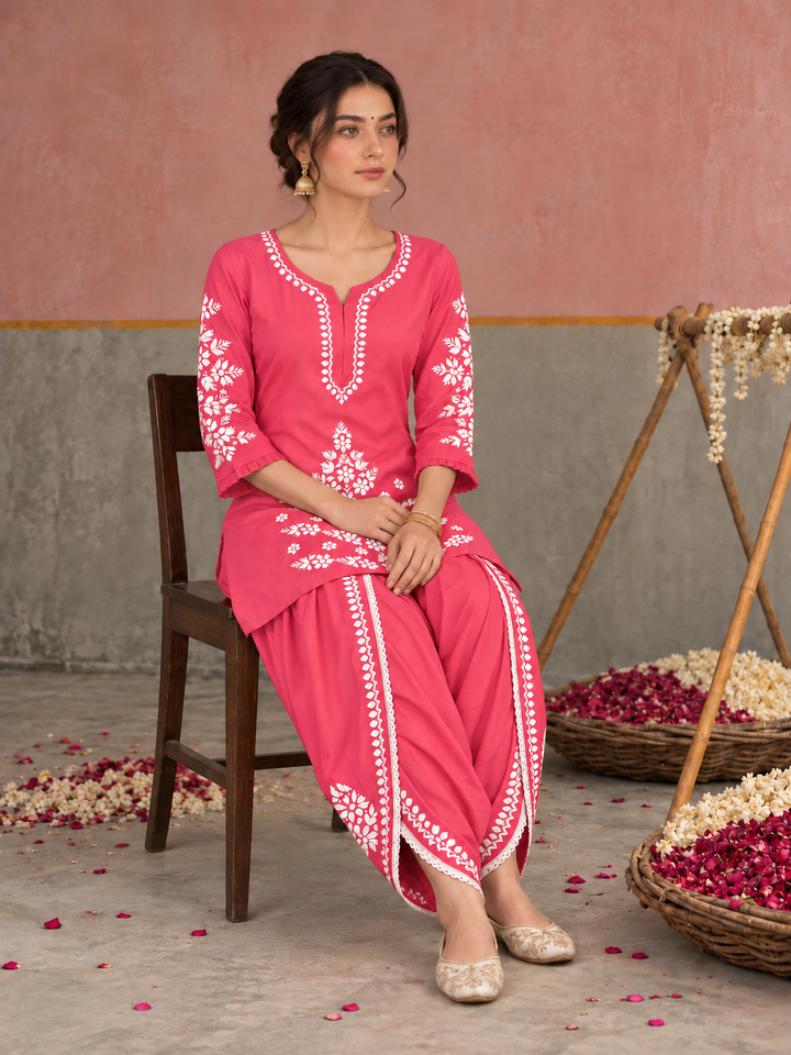 Sahiba Chikankari Rayon Short Kurti and Dhoti Pant Co-ord Set