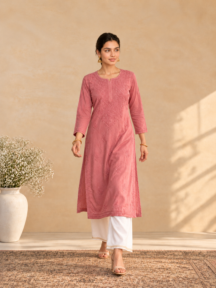 Shraddha Chanderi Chikankari Straight Kurta