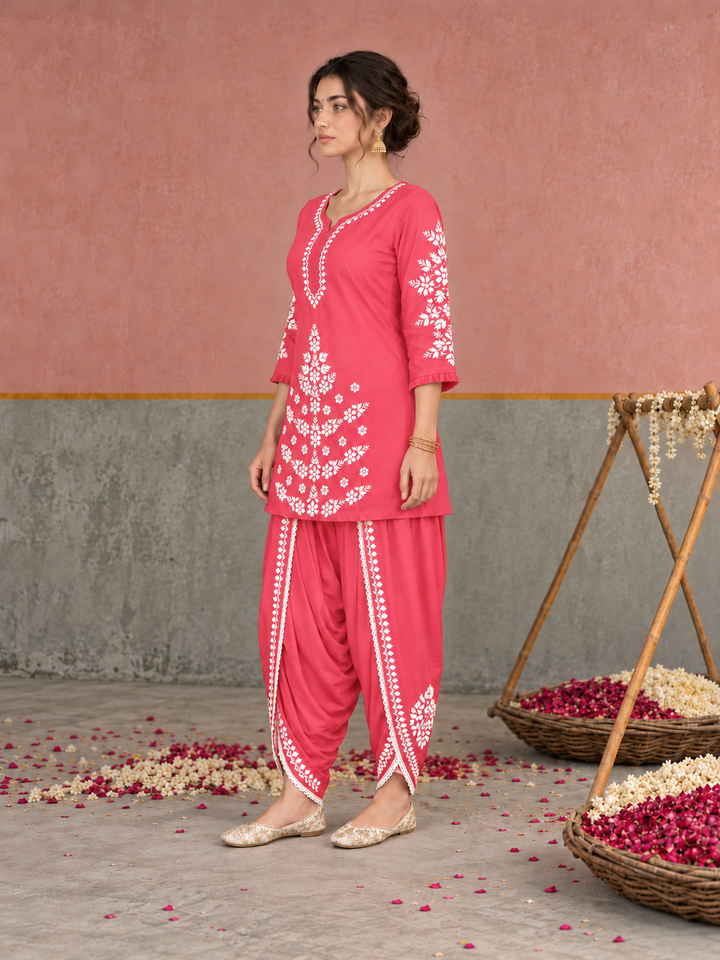 Sahiba Chikankari Rayon Short Kurti and Dhoti Pant Co-ord Set