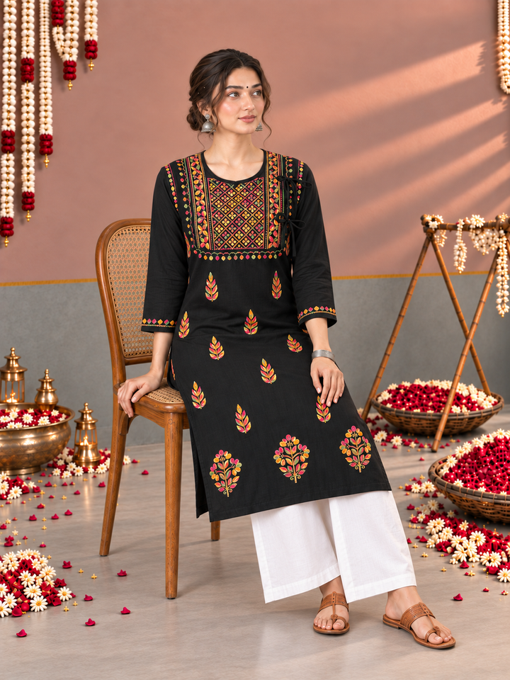 Payal Chikankari Black Multi Cotton Straight Kurta