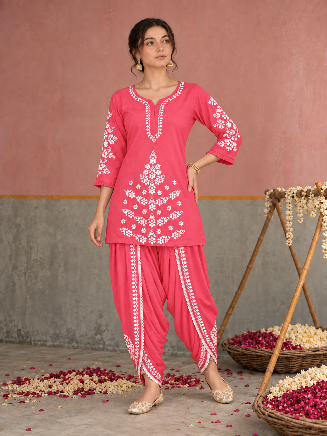 Sahiba Chikankari Rayon Short Kurti and Dhoti Pant Co-ord Set