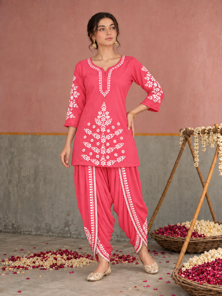 Sahiba Chikankari Rayon Short Kurti and Dhoti Pant Co-ord Set