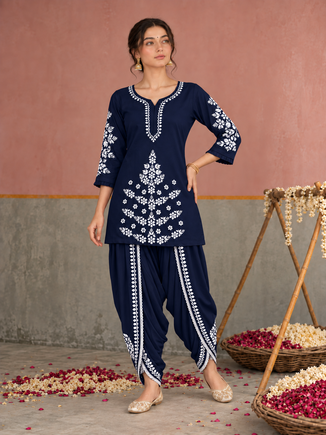 Sahiba Chikankari Rayon Short Kurti and Dhoti Pant Co-ord Set