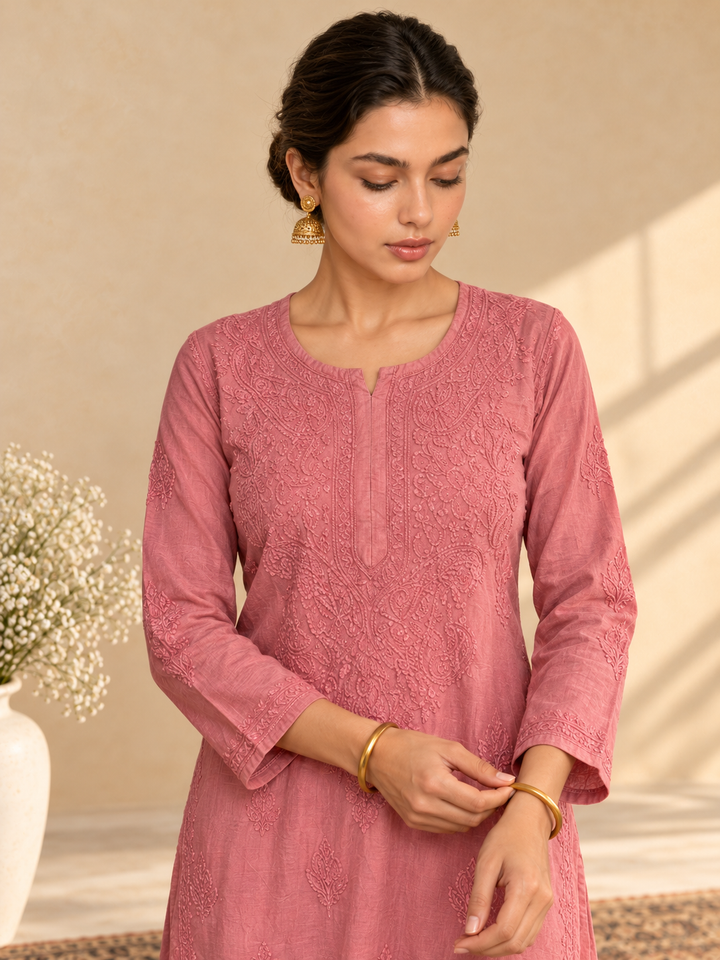 Shraddha Chanderi Chikankari Straight Kurta