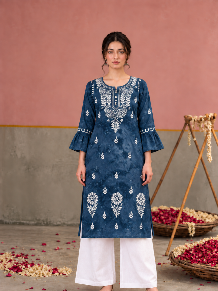 Rumi Denim Print Cotton Chikankari Straight Kurta