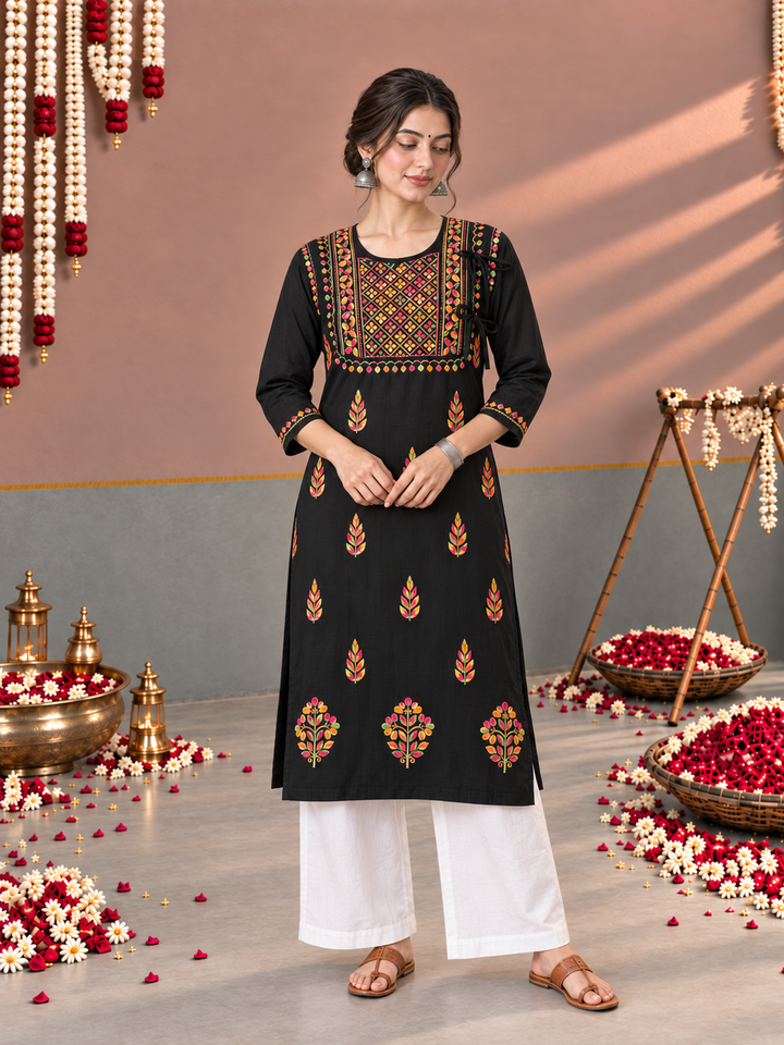 Payal Chikankari Black Multi Cotton Straight Kurta