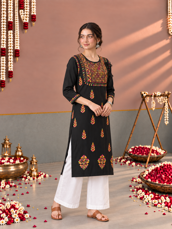 Payal Chikankari Black Multi Cotton Straight Kurta