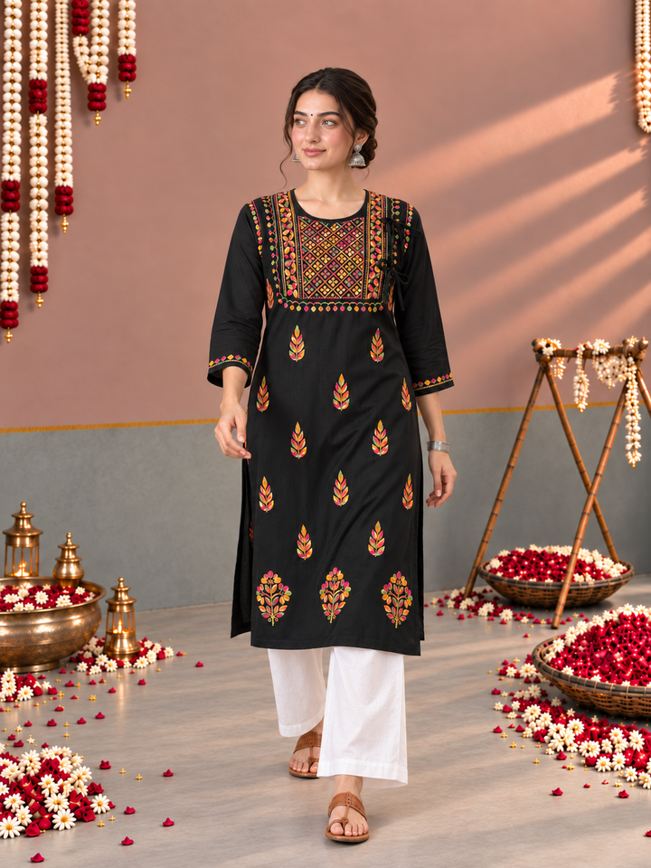 Payal Chikankari Black Multi Cotton Straight Kurta