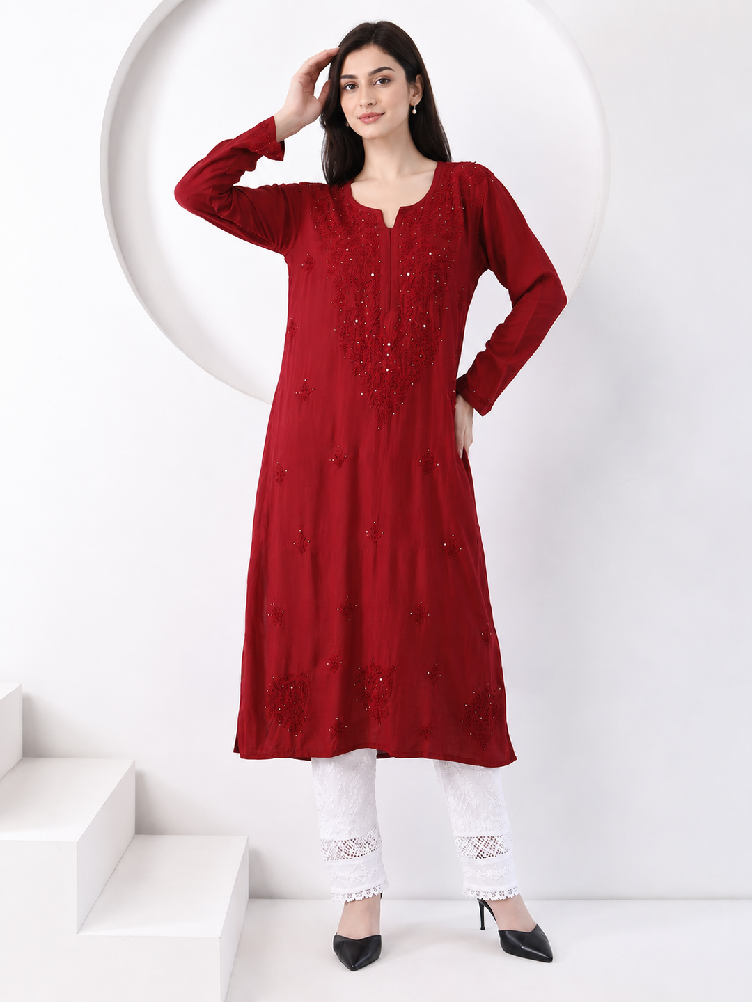 Falaq Chikankari Rayon Mukaish Straight Kurta