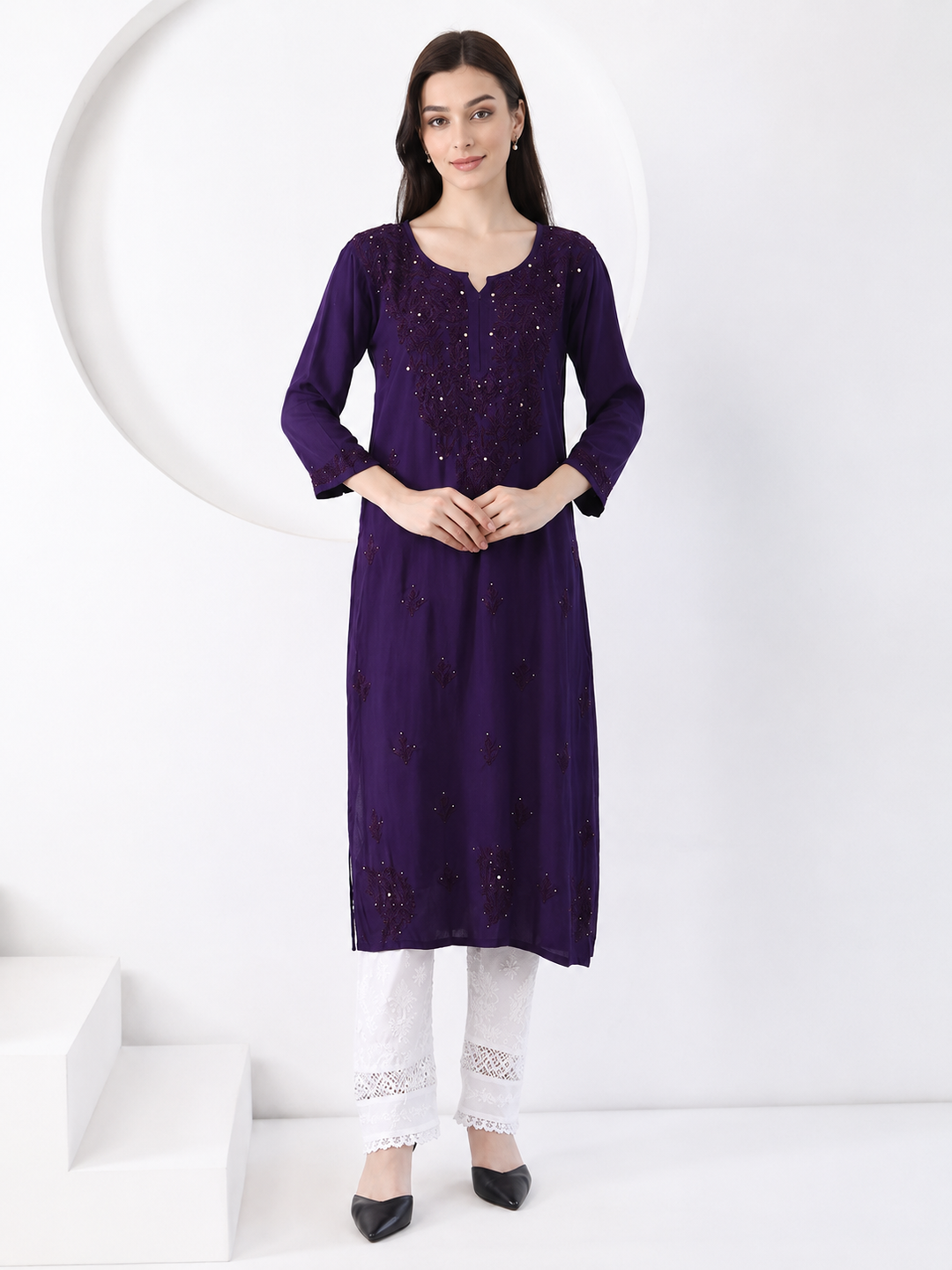 Falaq Chikankari Rayon Mukaish Straight Kurta