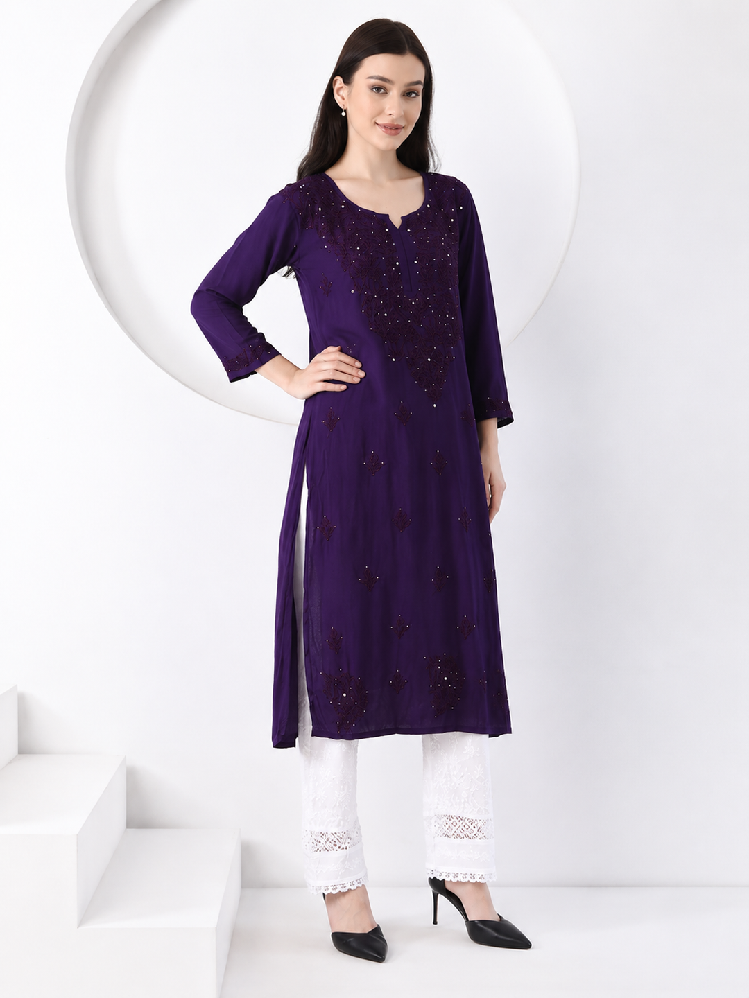 Falaq Chikankari Rayon Mukaish Straight Kurta