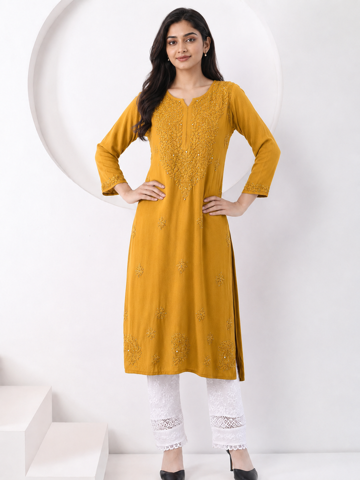Falaq Chikankari Rayon Mukaish Straight Kurta