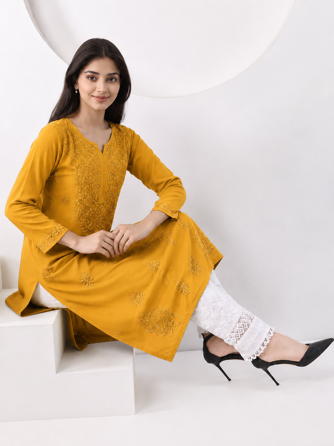 Falaq Chikankari Rayon Mukaish Straight Kurta