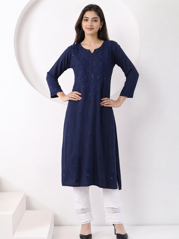 Falaq Chikankari Rayon Mukaish Straight Kurta
