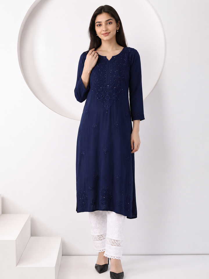 Falaq Chikankari Rayon Mukaish Straight Kurta