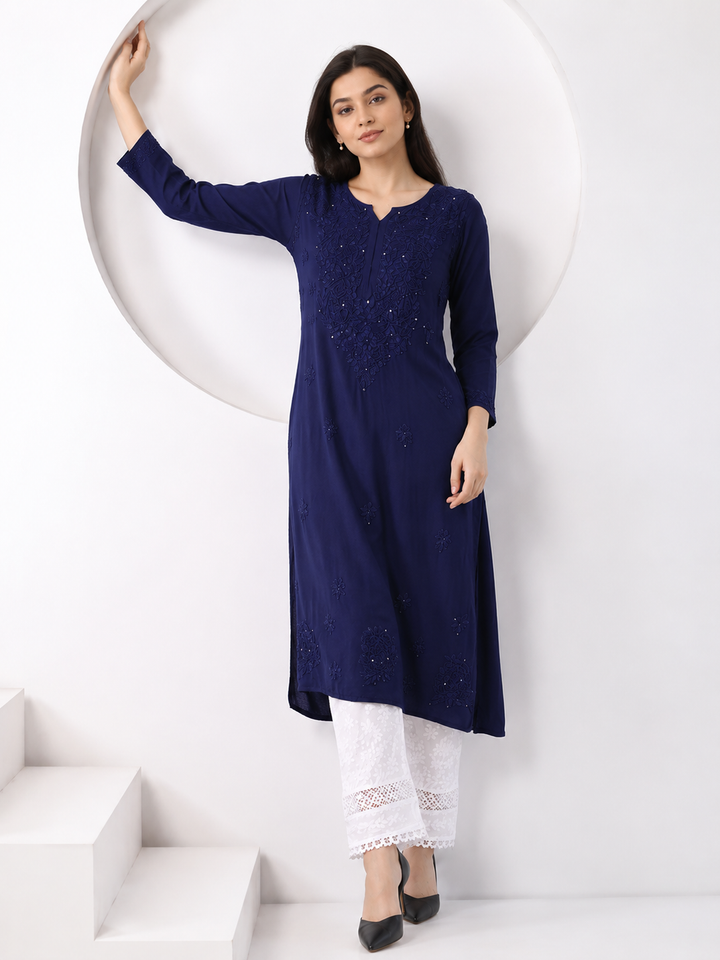 Falaq Chikankari Rayon Mukaish Straight Kurta