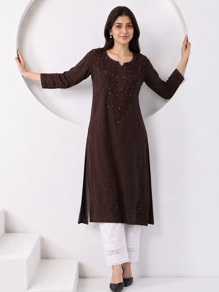 Falaq Chikankari Rayon Mukaish Straight Kurta