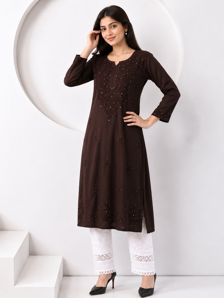 Falaq Chikankari Rayon Mukaish Straight Kurta