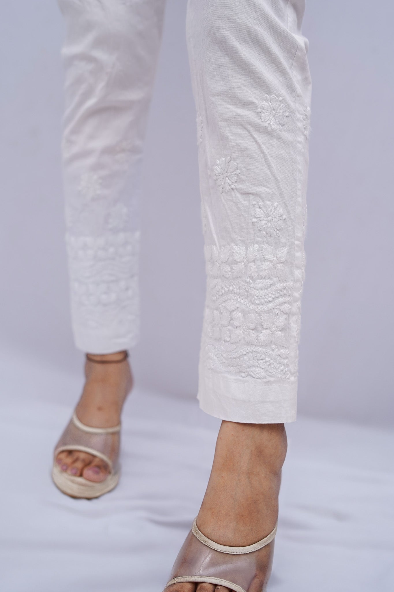 Buy SRI SHYAM CHIKAN Lycra Stretchable Pant Hand Embroidered White Palazzo  Pants for Womens at Amazon.in