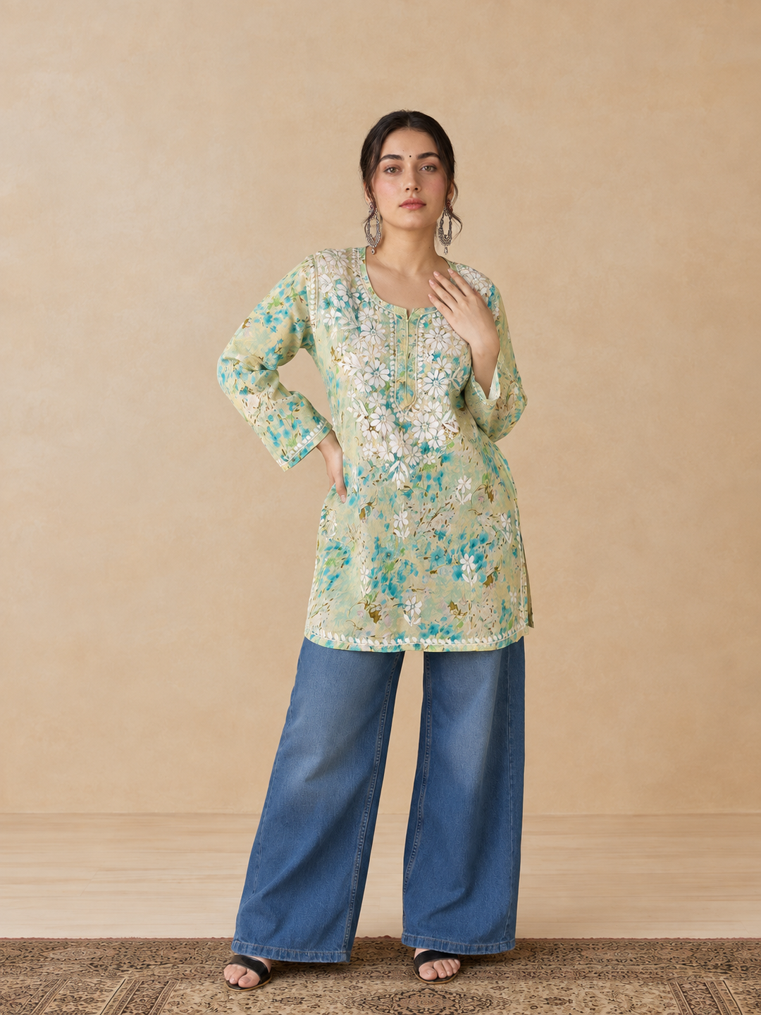 Kavya Mulmul Print Chikankari Short Kurti