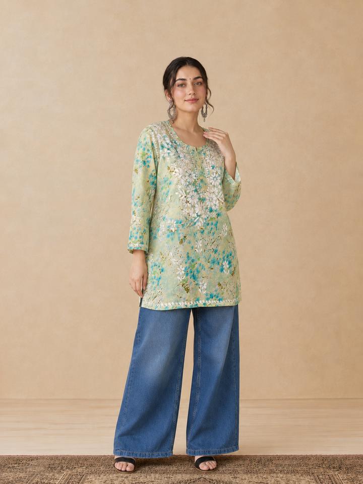 Kavya Mulmul Print Chikankari Short Kurti