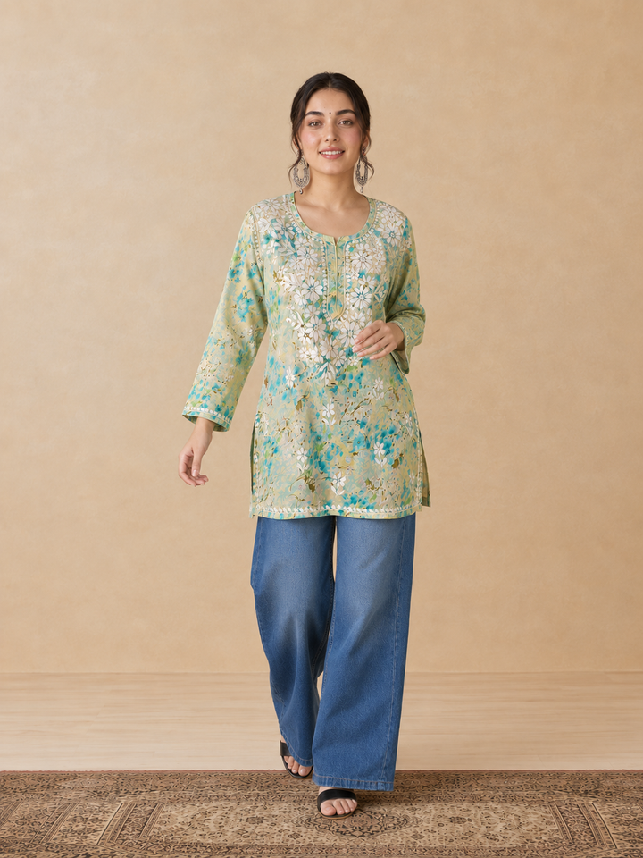 Kavya Mulmul Print Chikankari Short Kurti