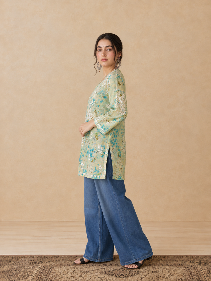Kavya Mulmul Print Chikankari Short Kurti