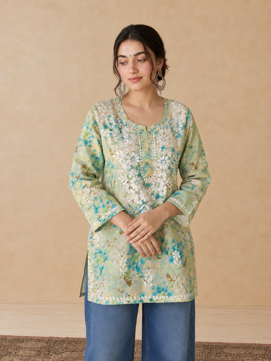 Kavya Mulmul Print Chikankari Short Kurti