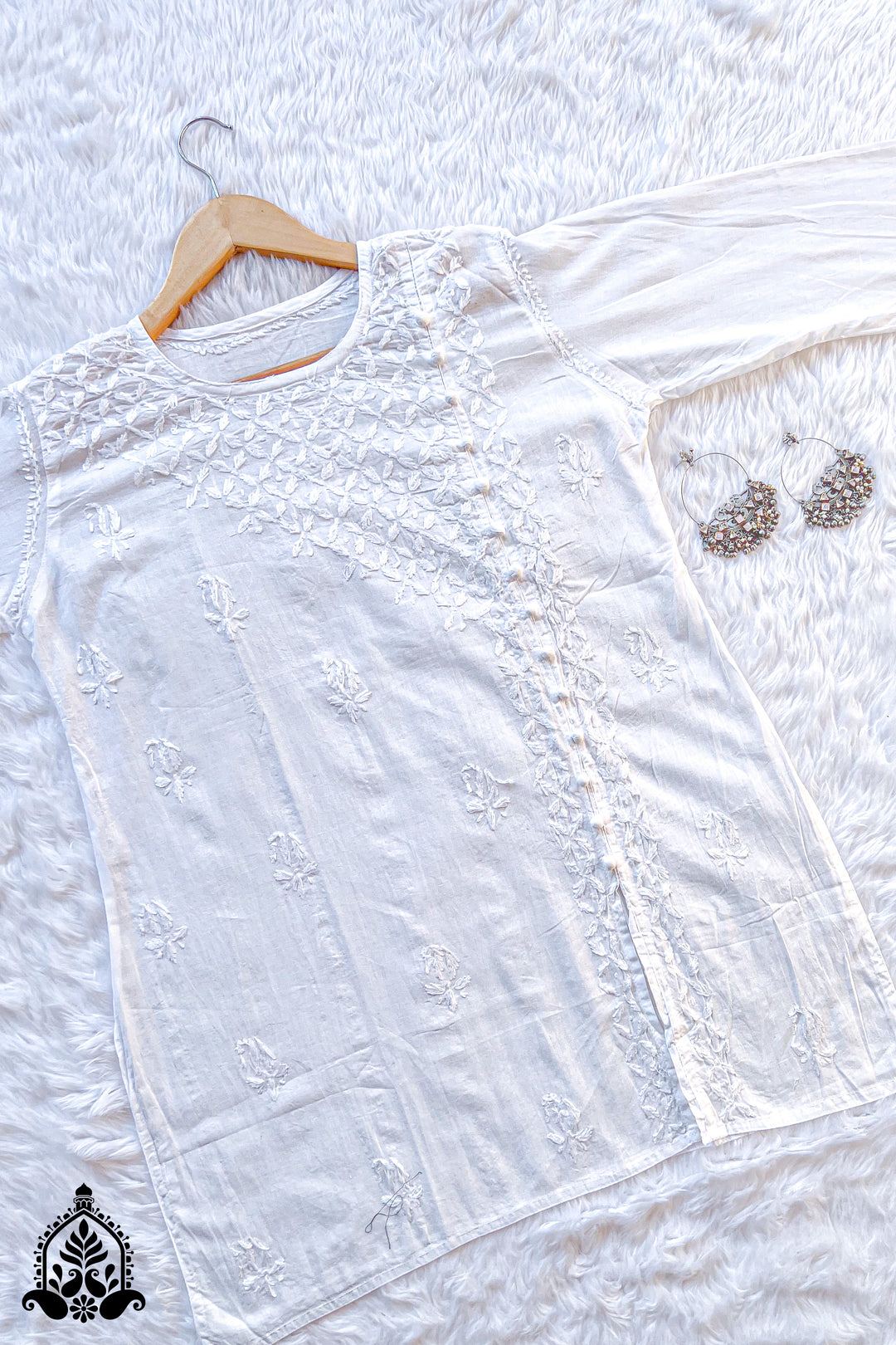 Rida Chikankari White Angarkha Short Kurti