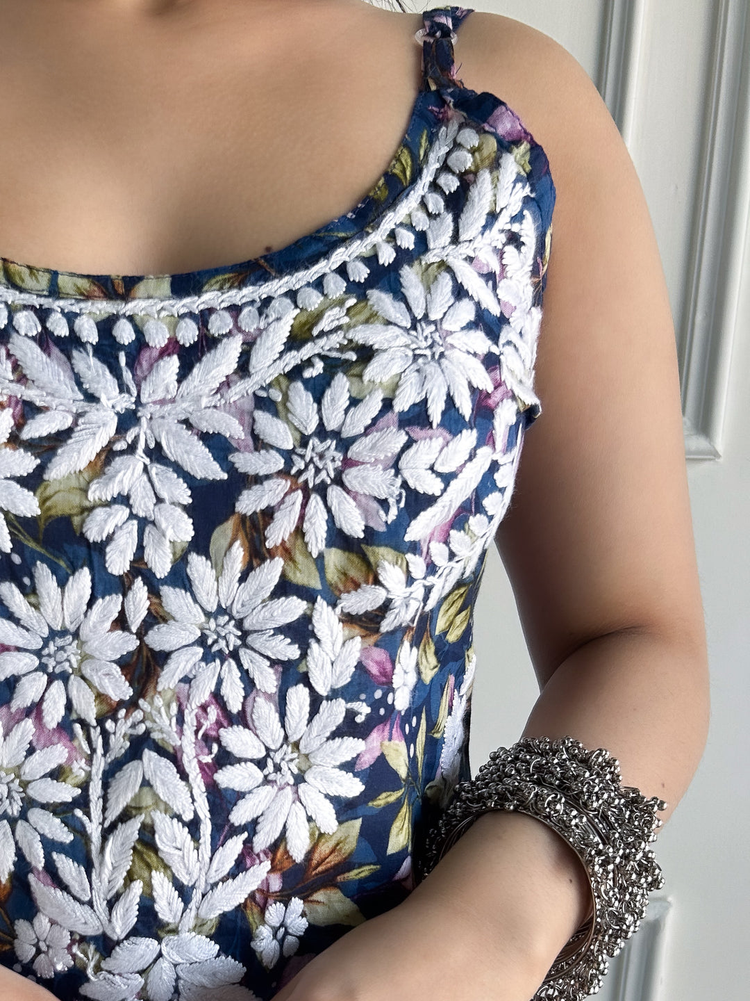 Juhi Chikankari Mulmul Strappy Short Kurti