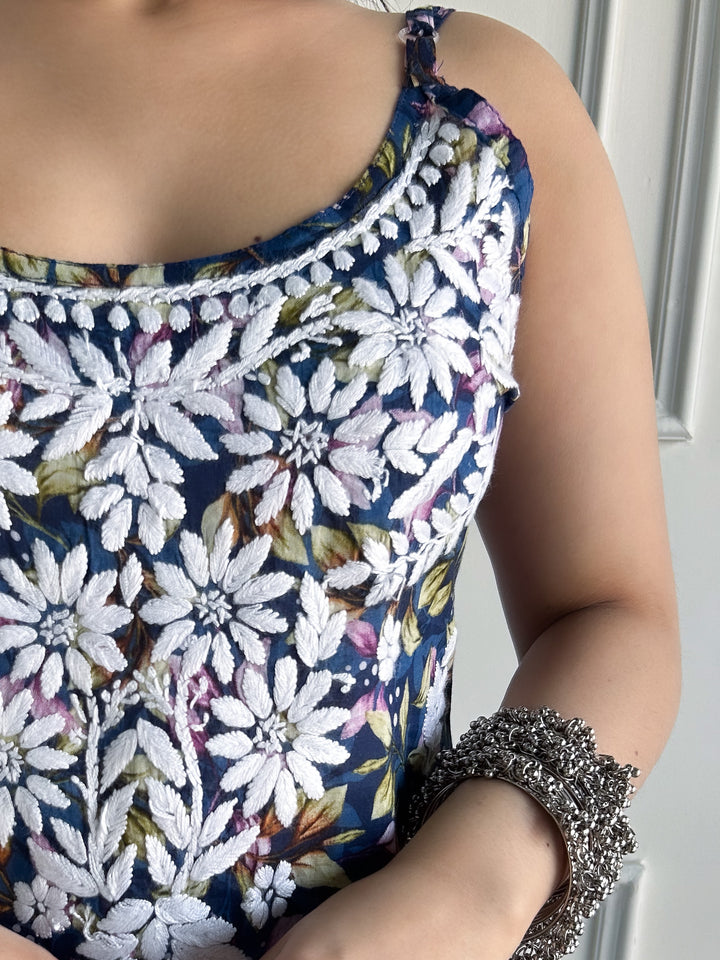 Juhi Chikankari Mulmul Strappy Short Kurti