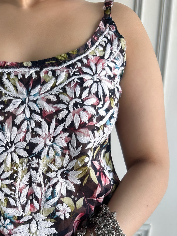 Juhi Chikankari Mulmul Strappy Short Kurti