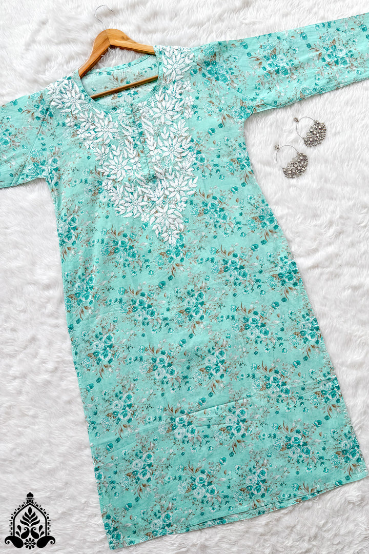 Tanvi Chikankari Rose Print Mulmul Straight Kurta