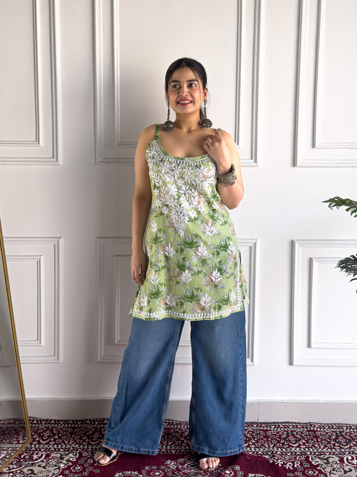 Sia Mulmul Chikankari Strappy Short Kurti