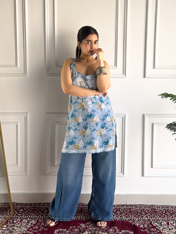 Sia Mulmul Chikankari Strappy Short Kurti