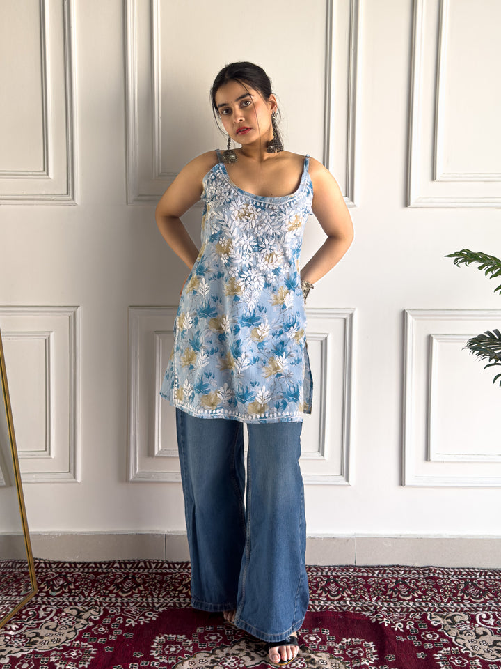 Sia Mulmul Chikankari Strappy Short Kurti