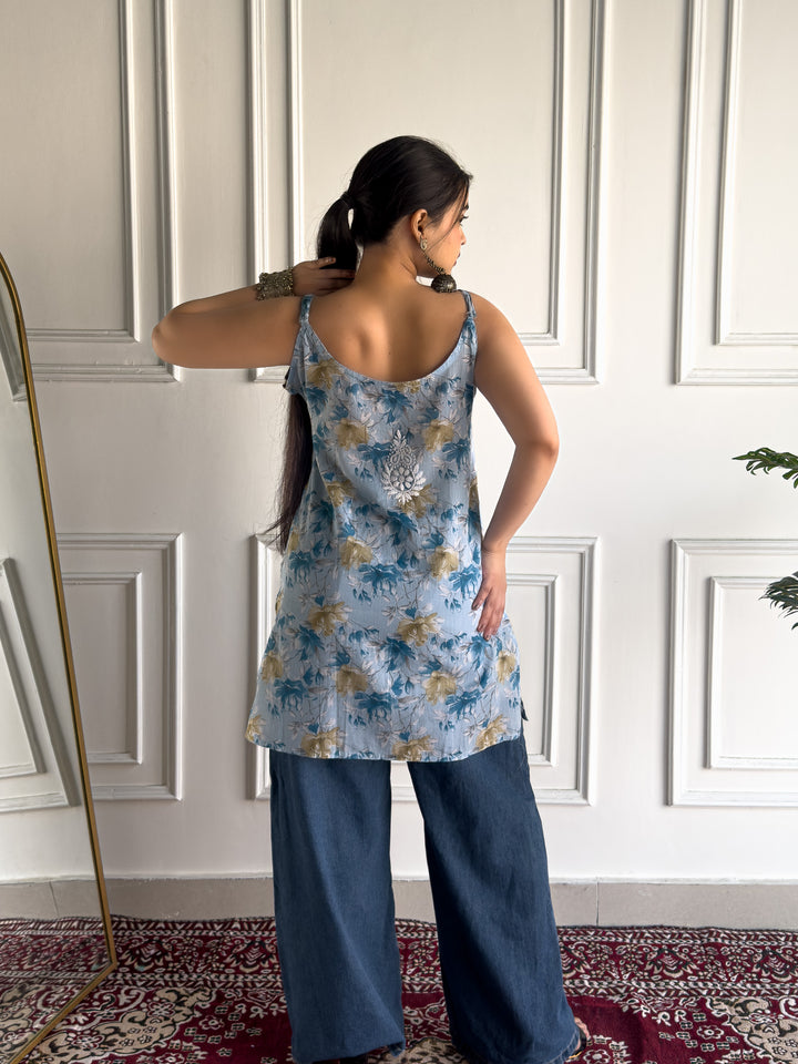 Sia Mulmul Chikankari Strappy Short Kurti