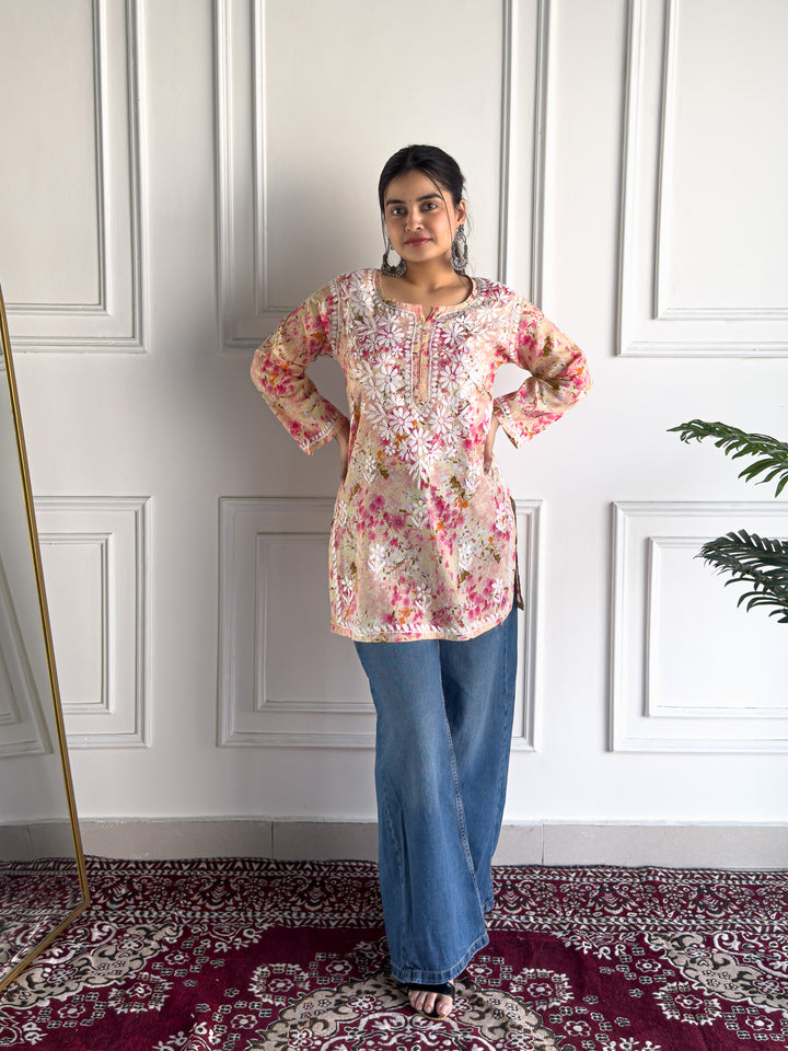 Kavya Mulmul Print Chikankari Short Kurti