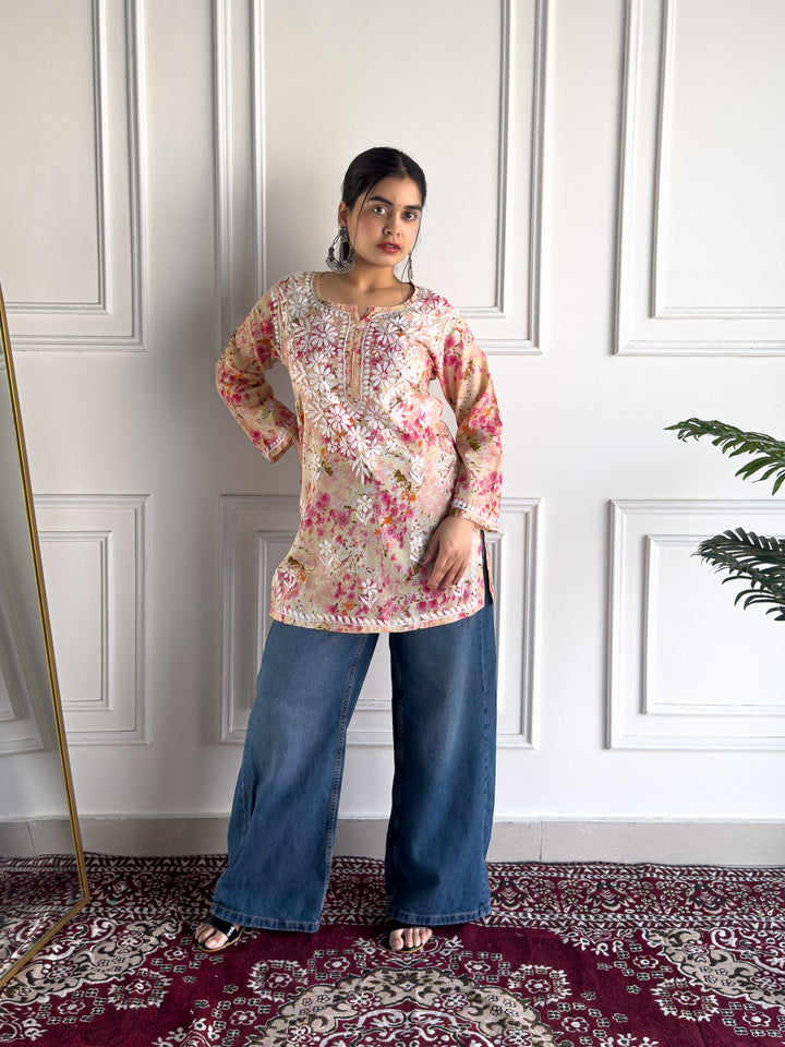 Kavya Mulmul Print Chikankari Short Kurti