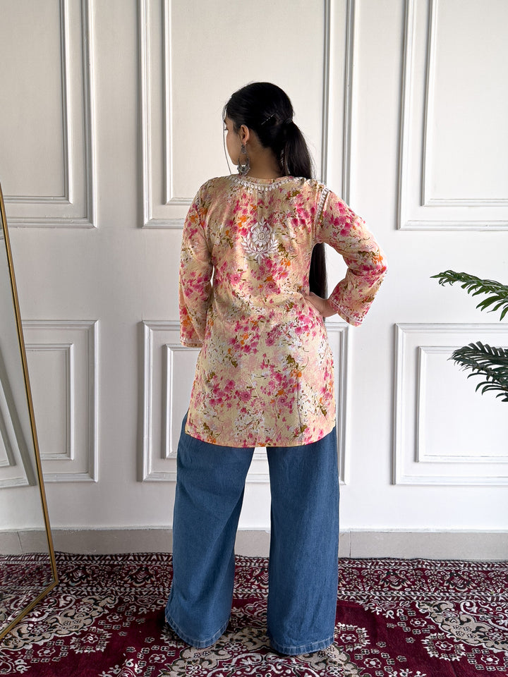 Kavya Mulmul Print Chikankari Short Kurti