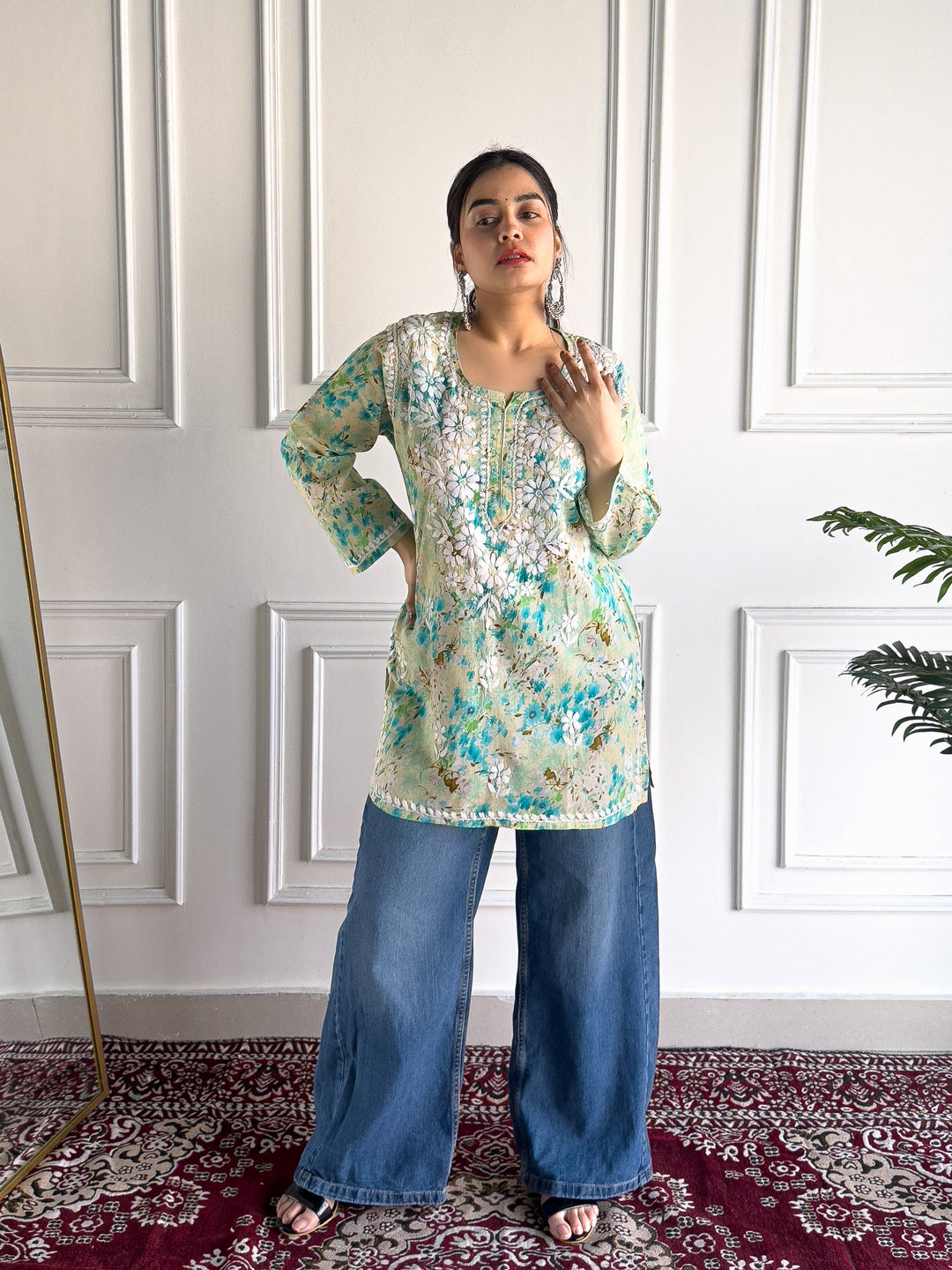 Kavya Mulmul Print Chikankari Short Kurti