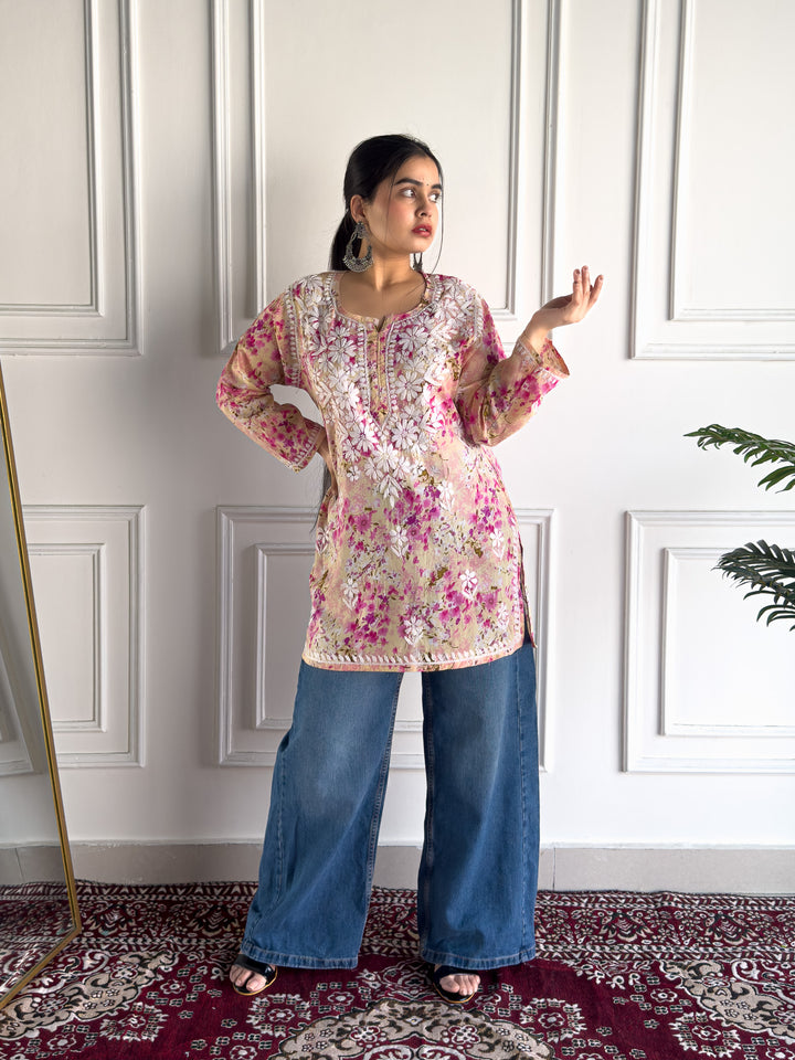 Kavya Mulmul Print Chikankari Short Kurti