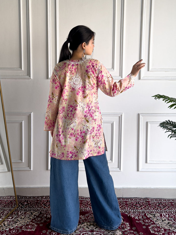 Kavya Mulmul Print Chikankari Short Kurti