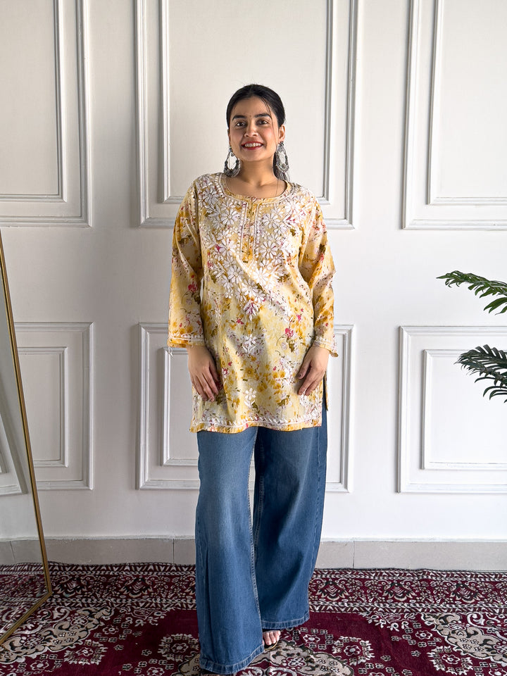 Kavya Mulmul Print Chikankari Short Kurti