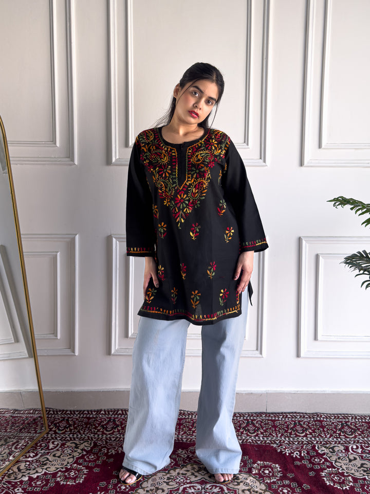 Veda Cotton Chikankari Black Multi Short Kurti