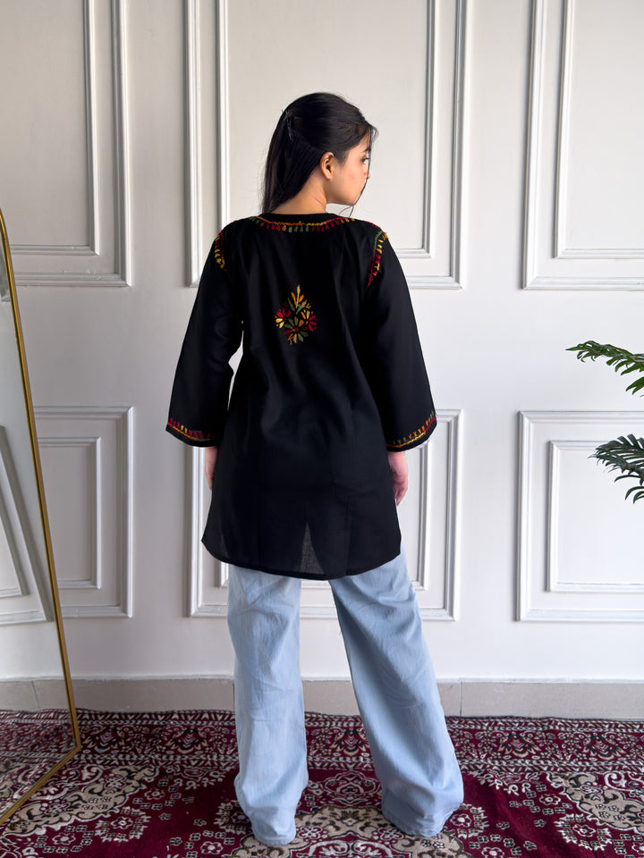 Ishra Cotton Chikankari Black Multi Short Kurti