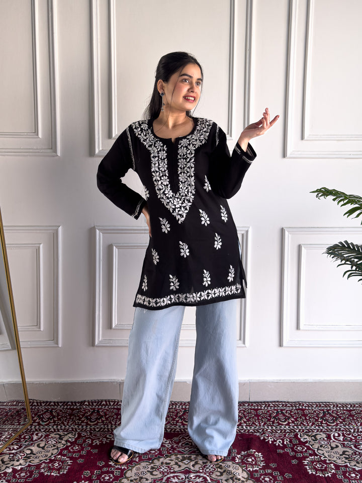 Arohi Cotton Black Chikankari Short Kurti
