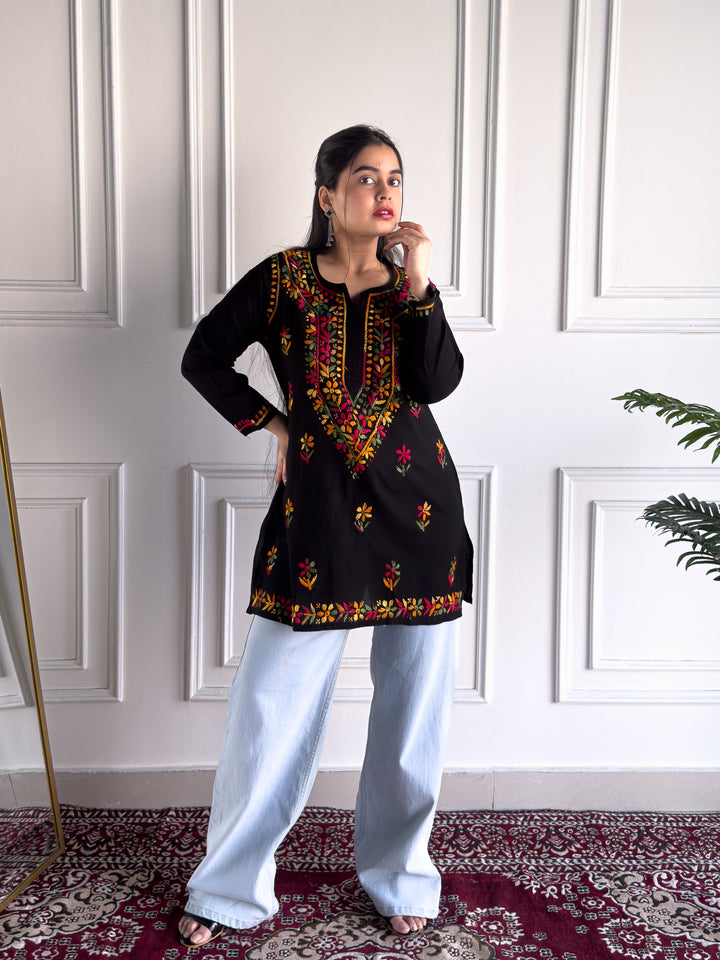 Ishra Cotton Chikankari Black Multi Short Kurti