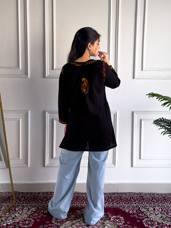 Veda Cotton Chikankari Black Multi Short Kurti