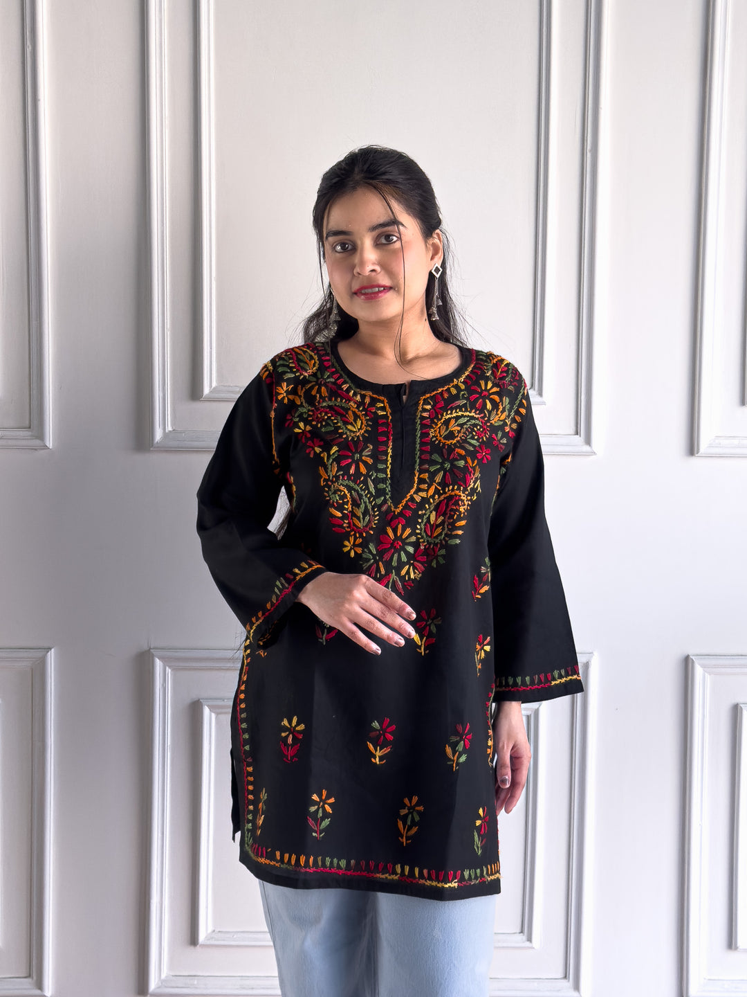 Veda Cotton Chikankari Black Multi Short Kurti